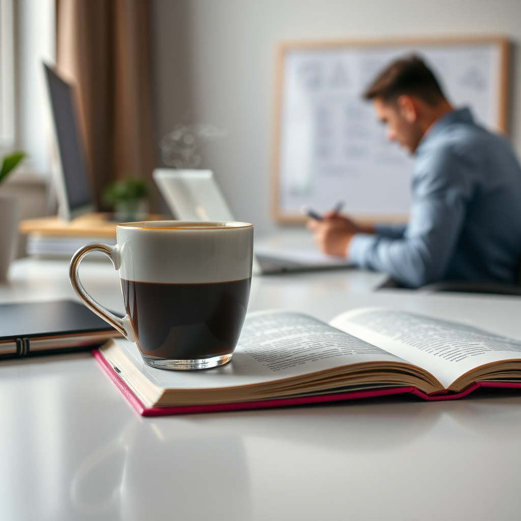 Coffee cup and notebook with professional in background