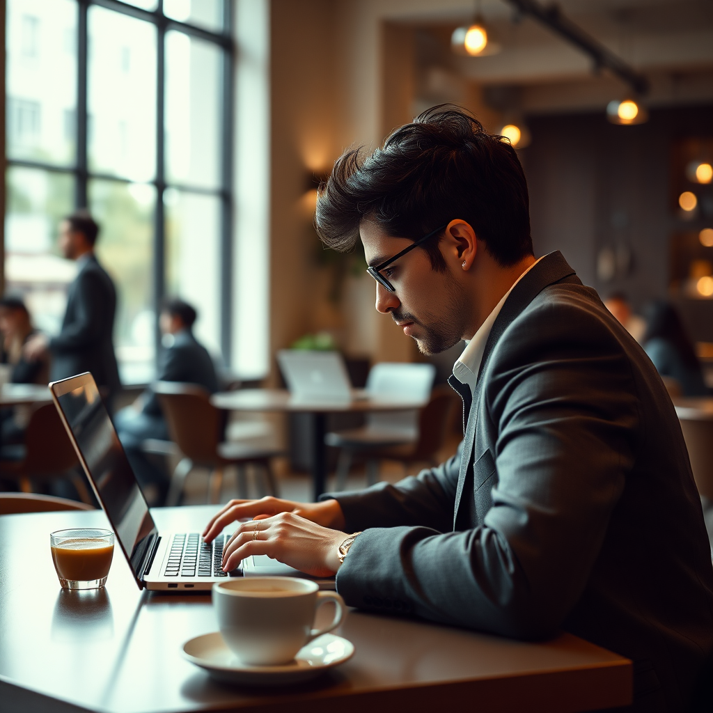 Person working on laptop in modern cafe