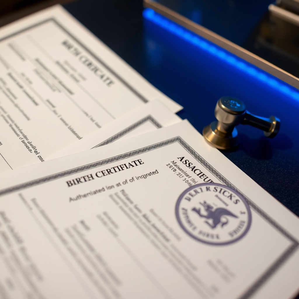 Close-up of birth certificates with apostille stamp