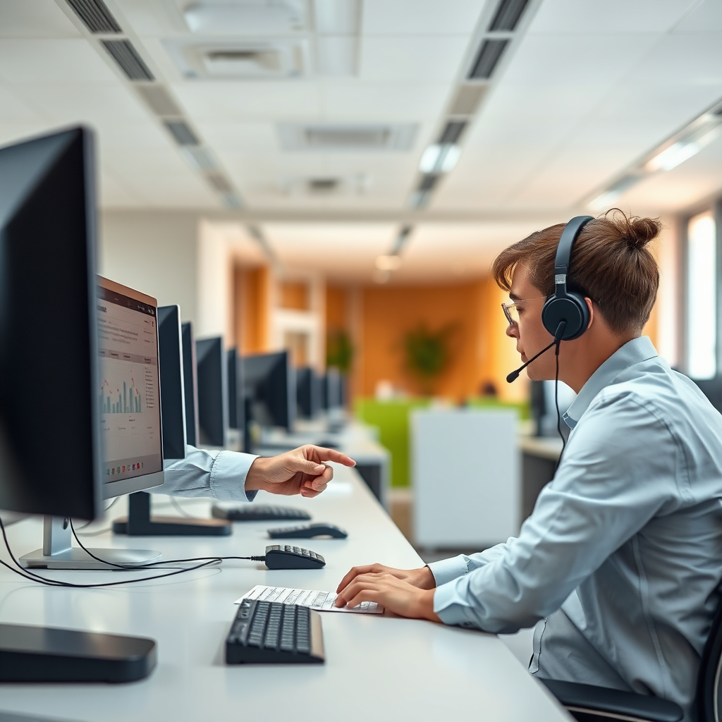 Supervisor coaching an agent at a call centre workstation