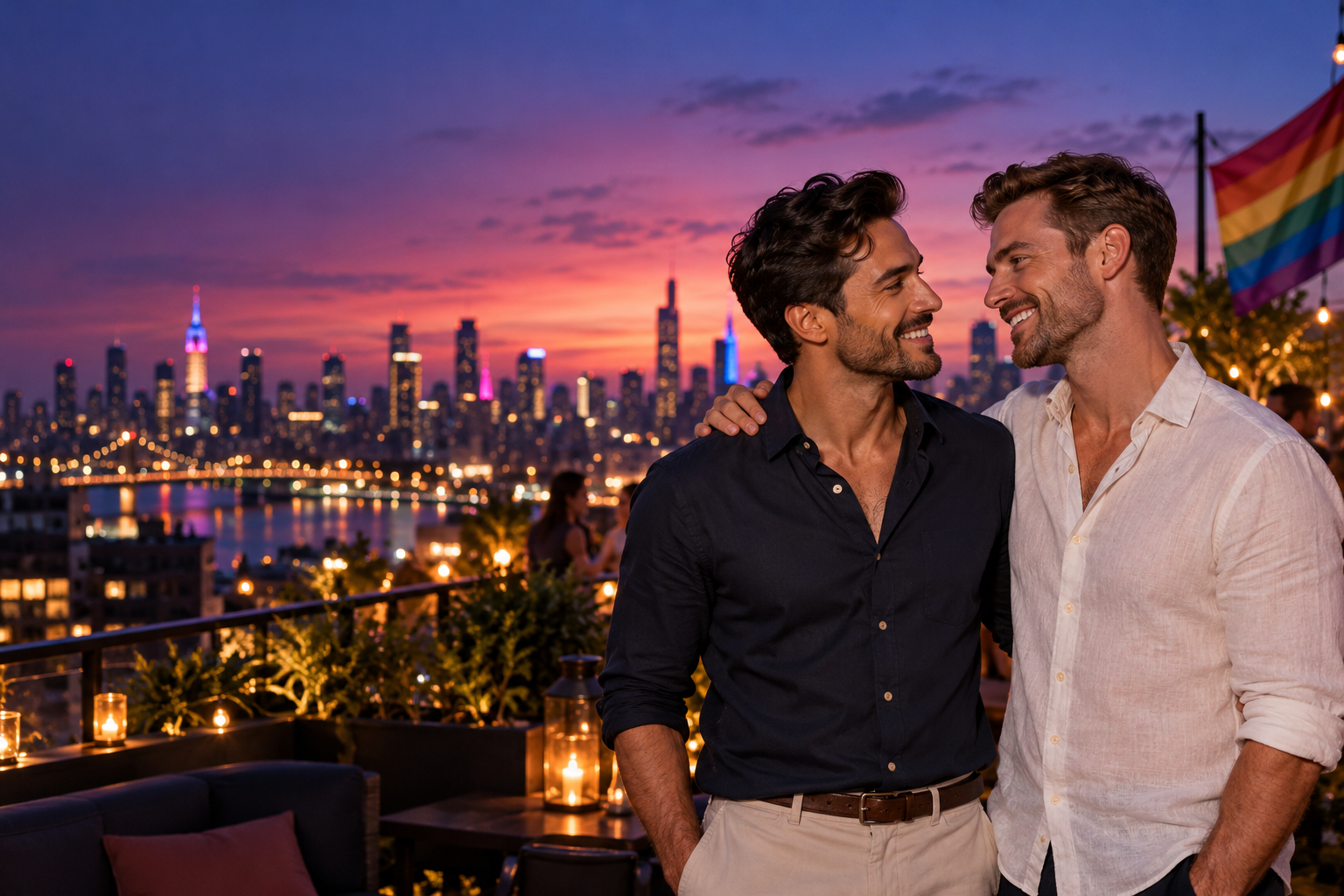 Two adult men sharing a warm moment on a colourful city rooftop