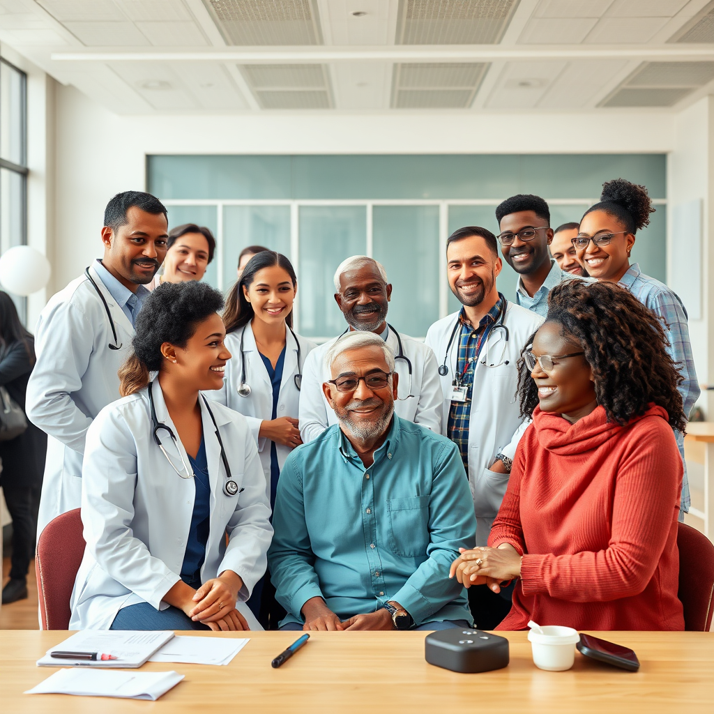 Diverse doctors and patients interacting