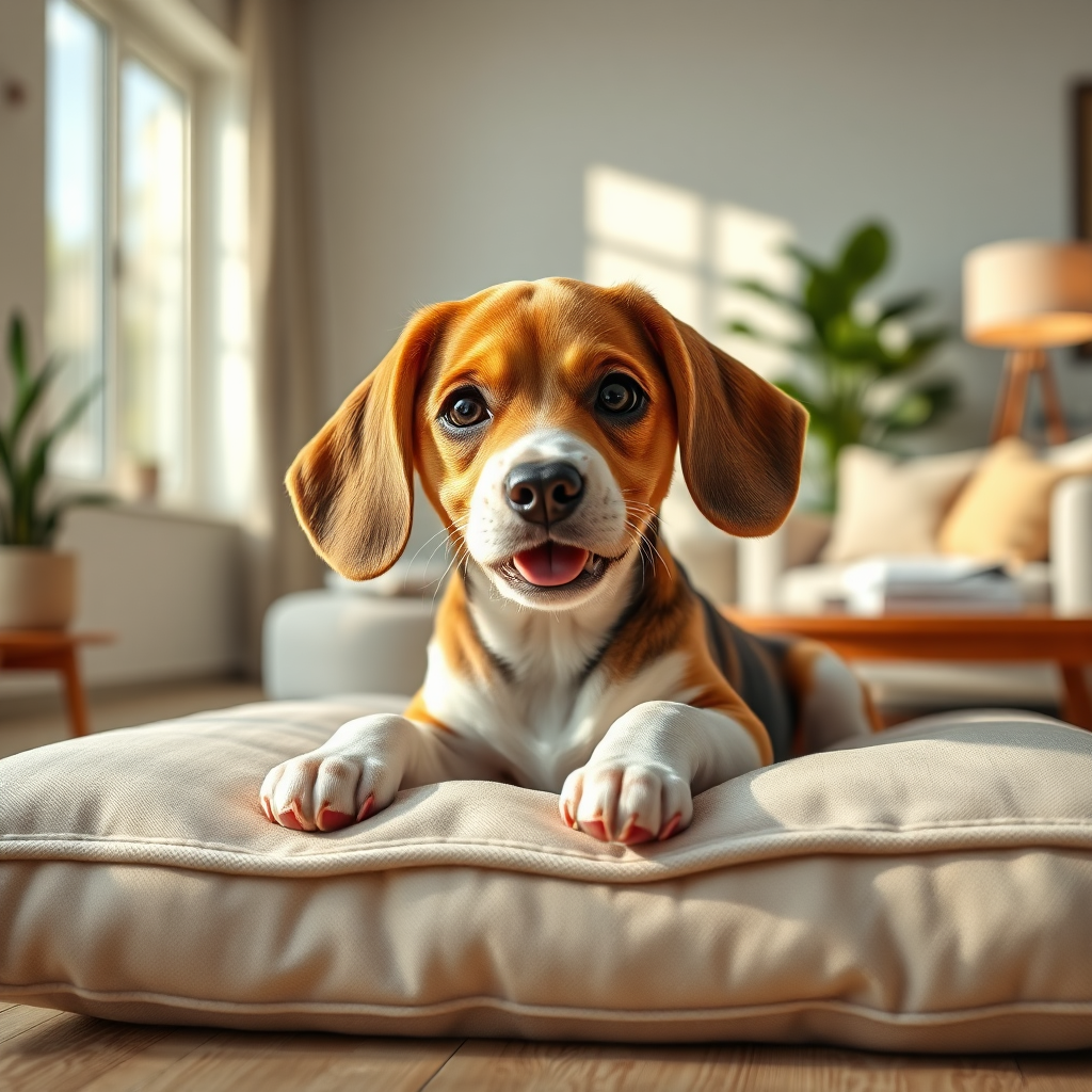 Cheerful beagle puppy lounging on a cushion