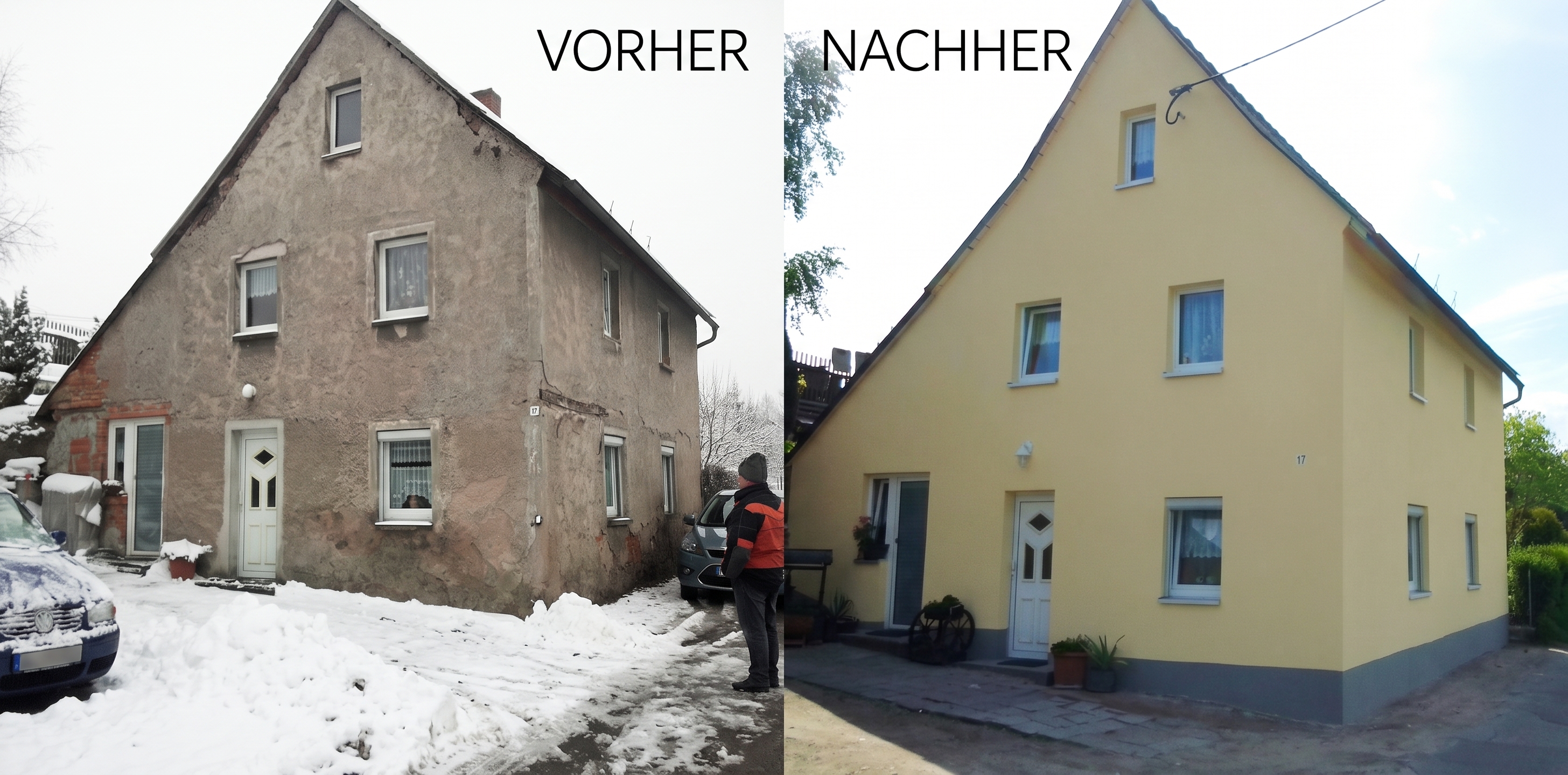 Vorher-Nachher Fassadenreinigung und Beschichtung