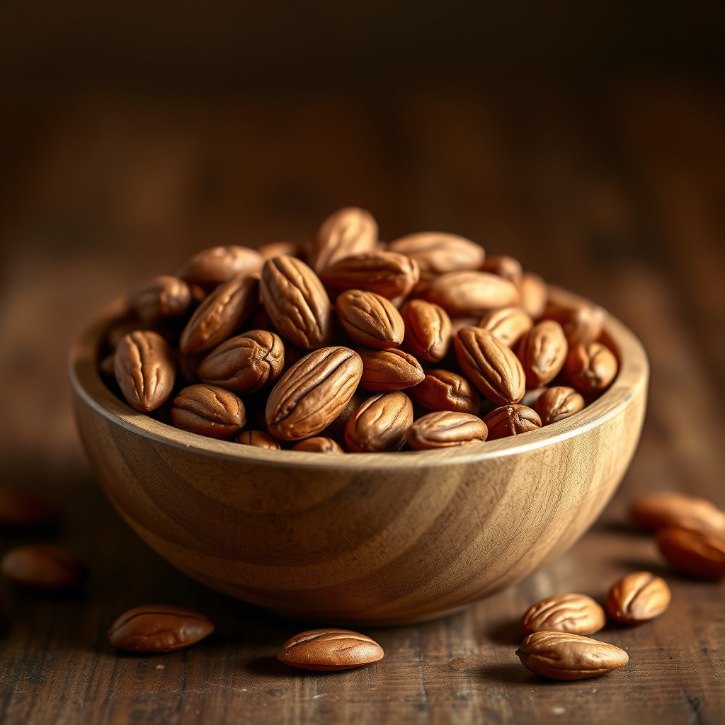 Wooden bowl of roasted almonds