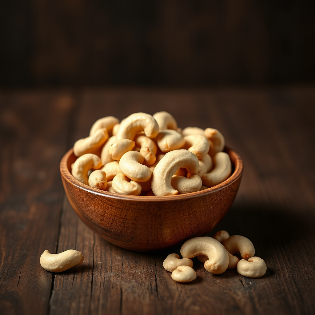 Wooden bowl of cashews