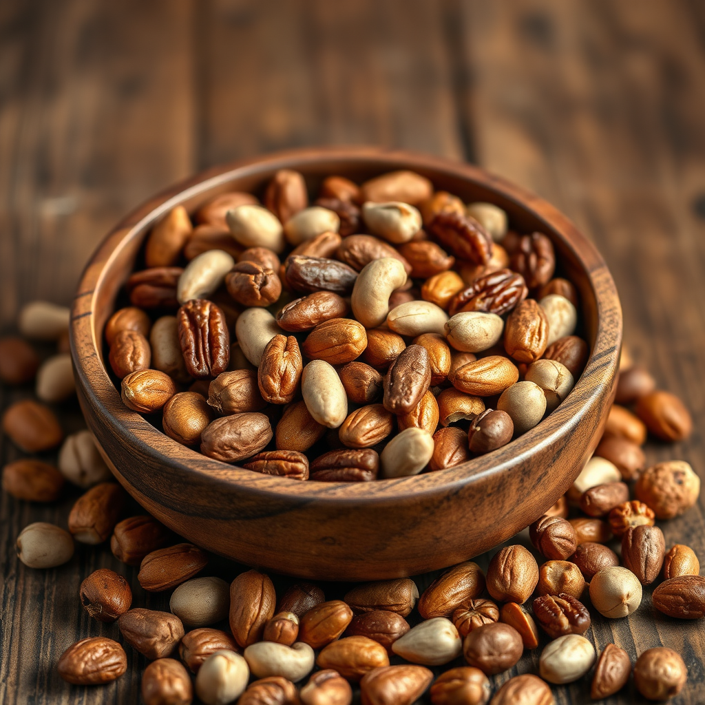 Gourmet mixed nuts in a wooden bowl