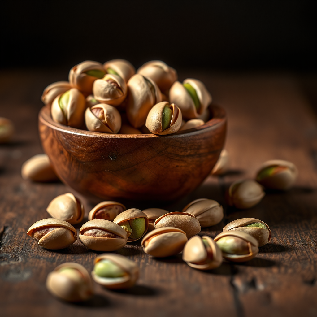 Wooden bowl of pistachios