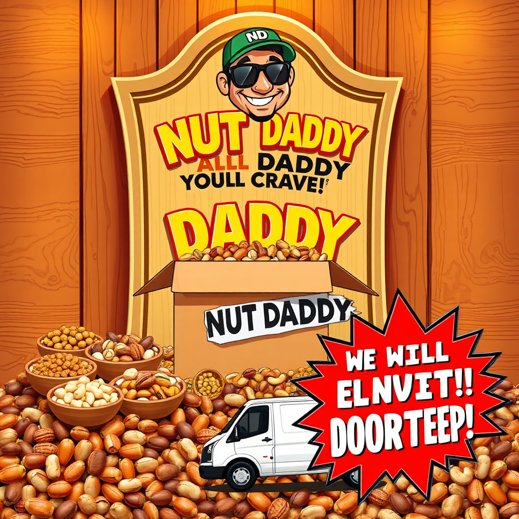 NutDaddy hero banner with nuts, logo, delivery van, and bold delivery message