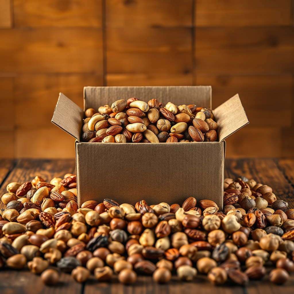 Open box overflowing with mixed nuts