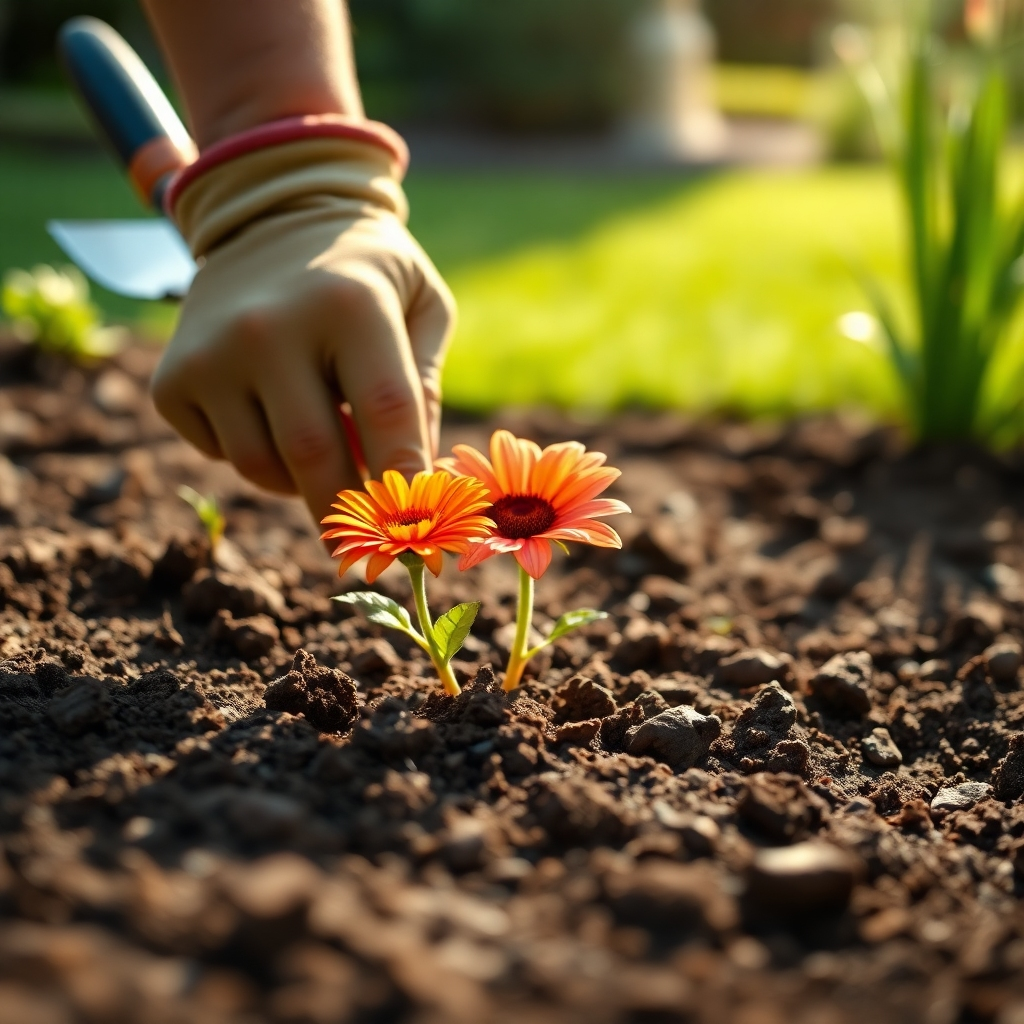 A 4K, photorealistic image representing Just In Time Lawn Care. The scene should show a close-up of a hand carefully planting a flower in a well-maintained garden bed. Focus on the texture of the soil, the vibrant colors of the flower, and the gentle sunlight illuminating the scene. The background should be blurred, suggesting a beautifully kept lawn and garden. The overall color palette should be warm and inviting. The camera angle should be slightly from above, highlighting the act of planting. Include gardening tools like a trowel and gloves, suggesting professionalism and attention to detail. Style reference: Garden photography with a focus on detail and texture.