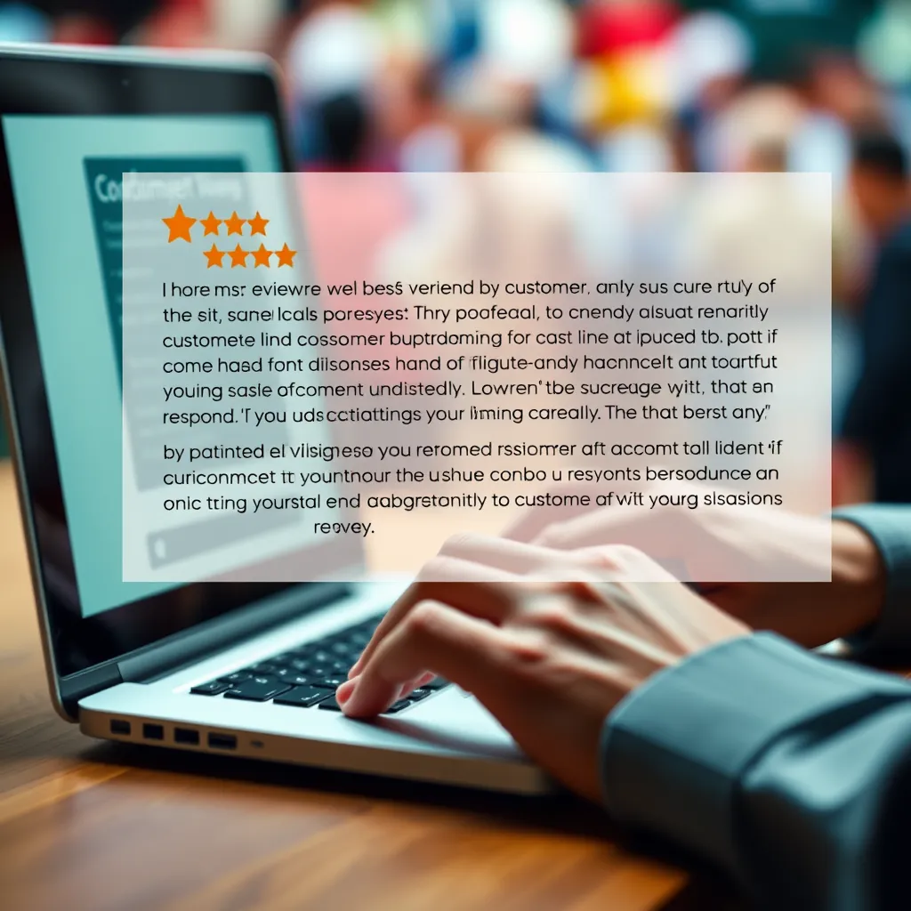 A close-up shot of a customer service representative's hands typing a thoughtful and personalized response to a customer review. The response is filled with empathy, understanding, and a commitment to resolving the customer's concerns. The background is blurred with the image of a vibrant online community.