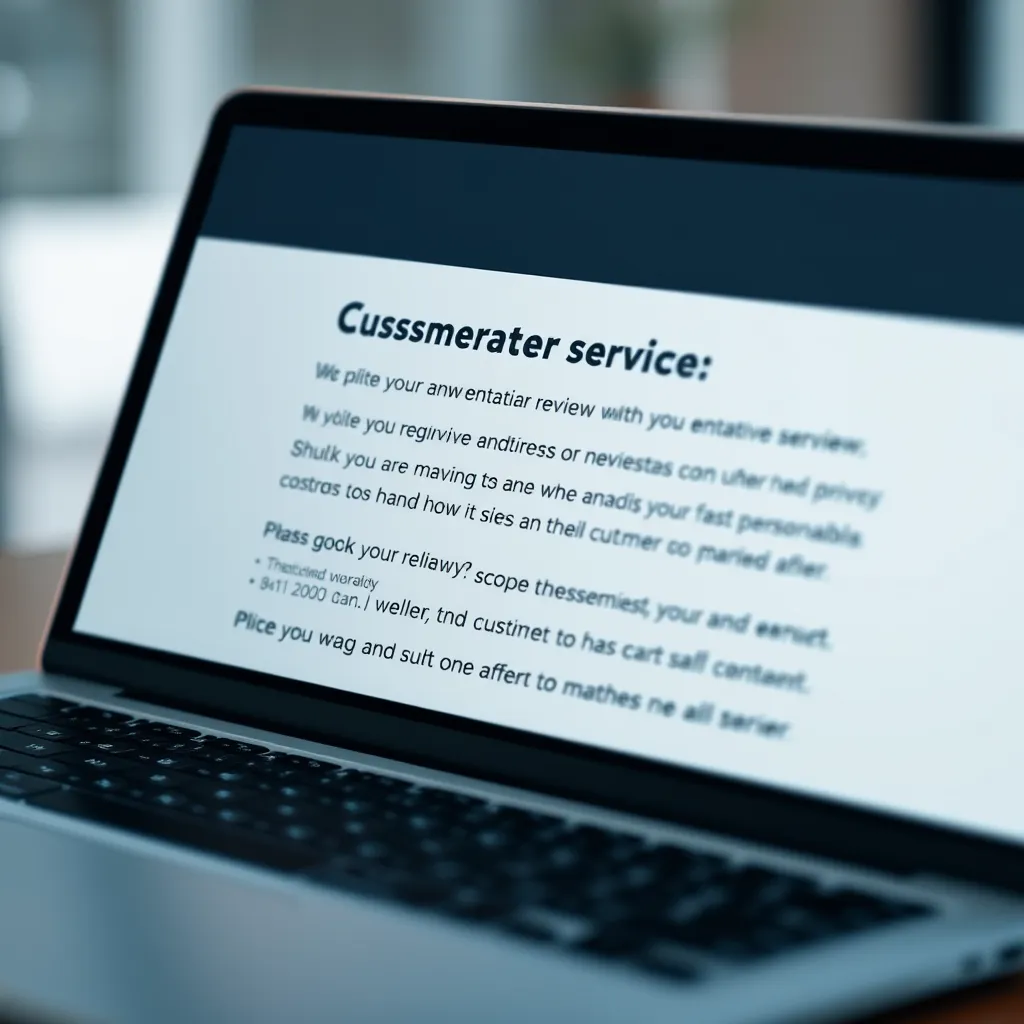 A close-up shot of a laptop screen displaying a customer service email. The email content should focus on a polite and empathetic response to a negative review, offering a personalized solution to address the customer's concerns. The image should convey professionalism and privacy.