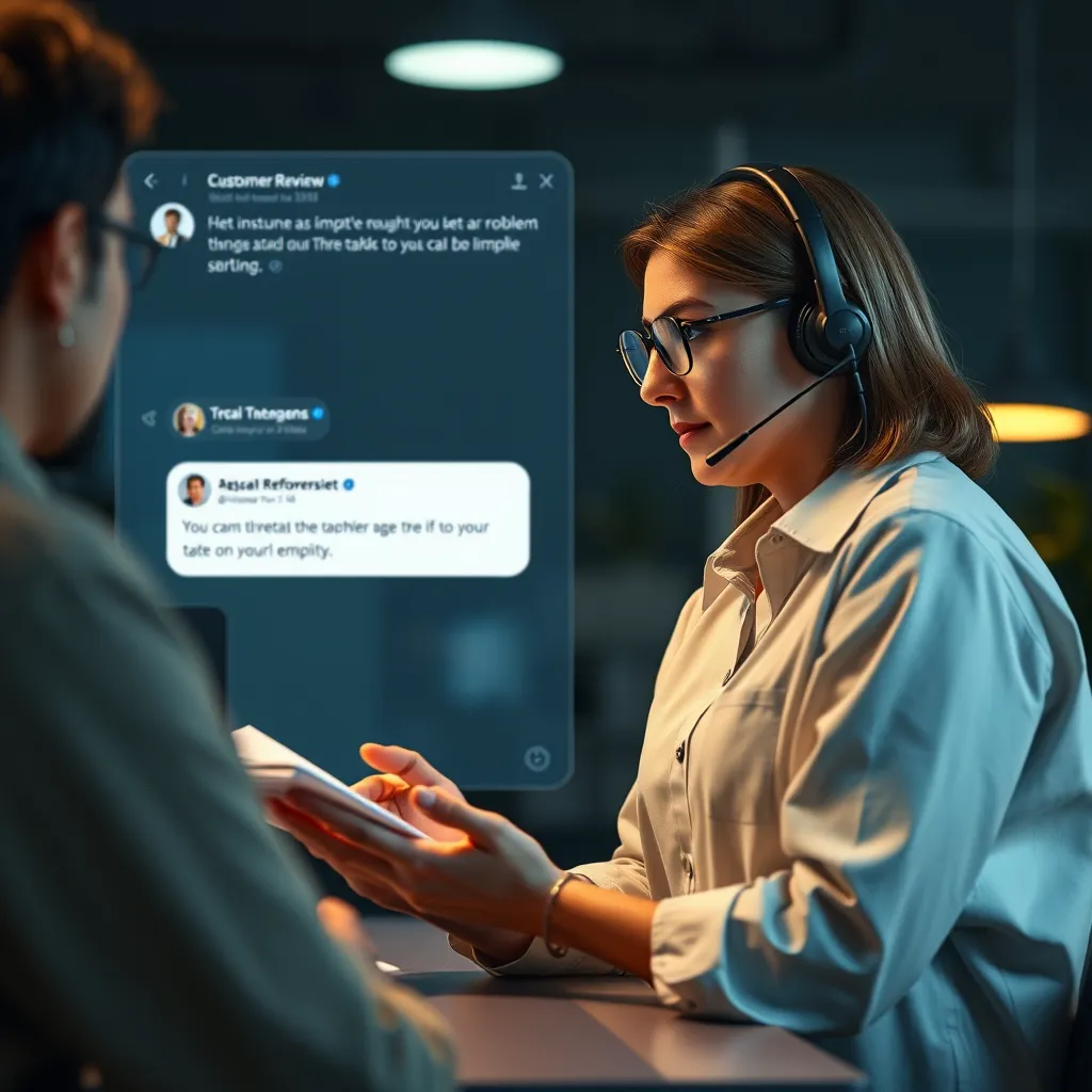 A customer service representative engaged in a conversation with a customer, actively listening and taking notes. The background should depict a virtual customer service platform with a chat window displaying a negative review and a customer support response aiming to resolve the issue. The image should convey empathy and problem-solving.