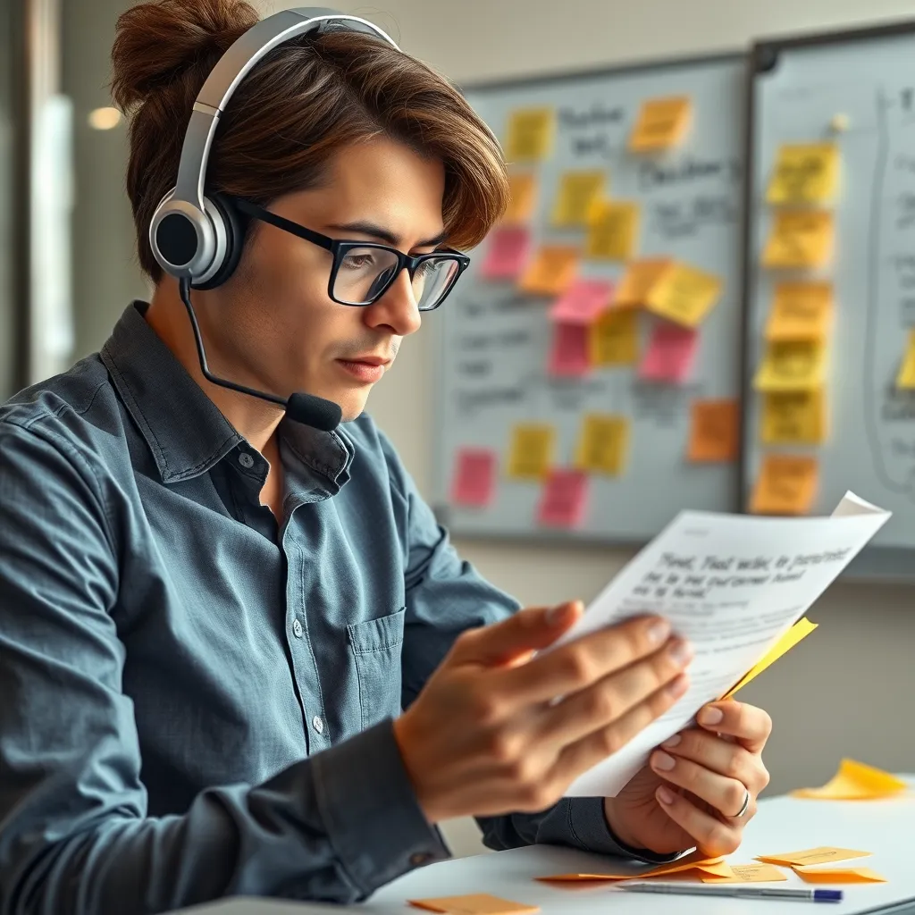 A customer service representative attentively reading a negative online review. The representative is surrounded by sticky notes with ideas for improvement and solutions to address the customer's concerns. In the background, a whiteboard with a brainstorming session on customer feedback is visible.