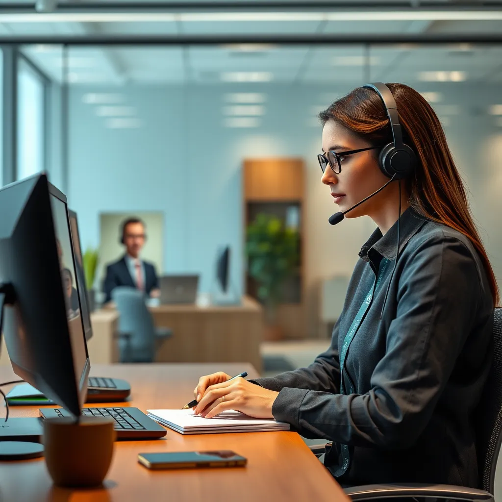 A customer service representative on a video call with a customer. The representative is listening attentively to the customer's concerns and is taking notes. The background of the video call is a professional office setting. The image should convey a sense of empathy and active listening.