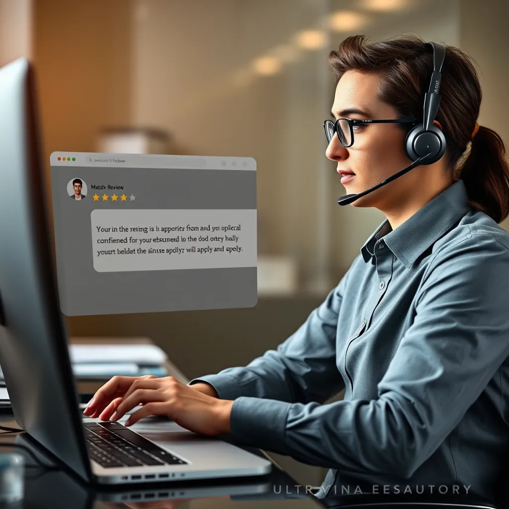 A customer service representative sitting at a computer, looking at a negative review on a website. The representative has a thoughtful expression on their face and is typing a response that acknowledges the customer's experience and offers a sincere apology. The background should be a professional office setting, with a laptop and other office supplies visible.