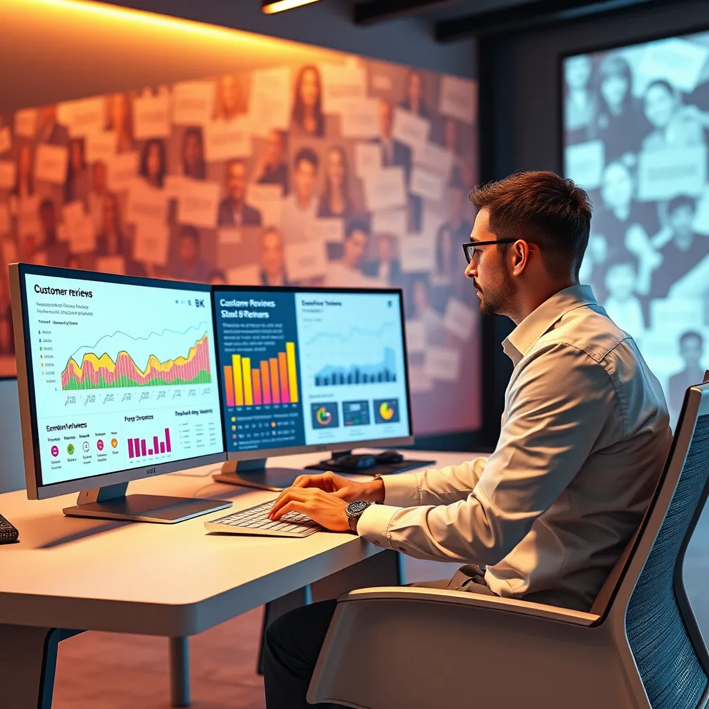 A data analyst sits at a desk with a large monitor displaying a dynamic infographic of customer reviews, showing trends, sentiment analysis, and key themes. The image is set in a modern, tech-driven environment with sleek furniture and bright, stimulating lighting. The infographic uses a vibrant color palette to represent different customer sentiment levels, highlighting the data-driven approach to review analysis. The analyst appears focused and engaged, working on a keyboard, analyzing the data and extracting valuable insights. The background features a wall with projections of customer reviews, showcasing the importance of understanding diverse perspectives. The image should be photorealistic, capturing the interplay of technology, data analysis, and business improvement, highlighting the crucial role of customer reviews in driving strategic decisions. The overall tone should be analytical and informative, reflecting the power of data-driven insights in enhancing the business.
