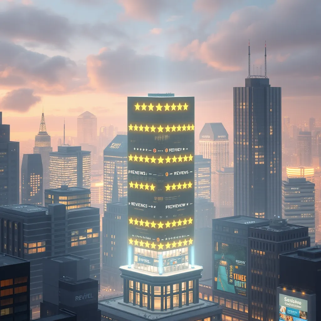A digital cityscape with buildings representing different online businesses, some glowing with positive reviews and stars, while others remain dark and unreviewed. Focus on a building with a strong, radiant glow, symbolizing the impact of positive reviews on brand reputation.