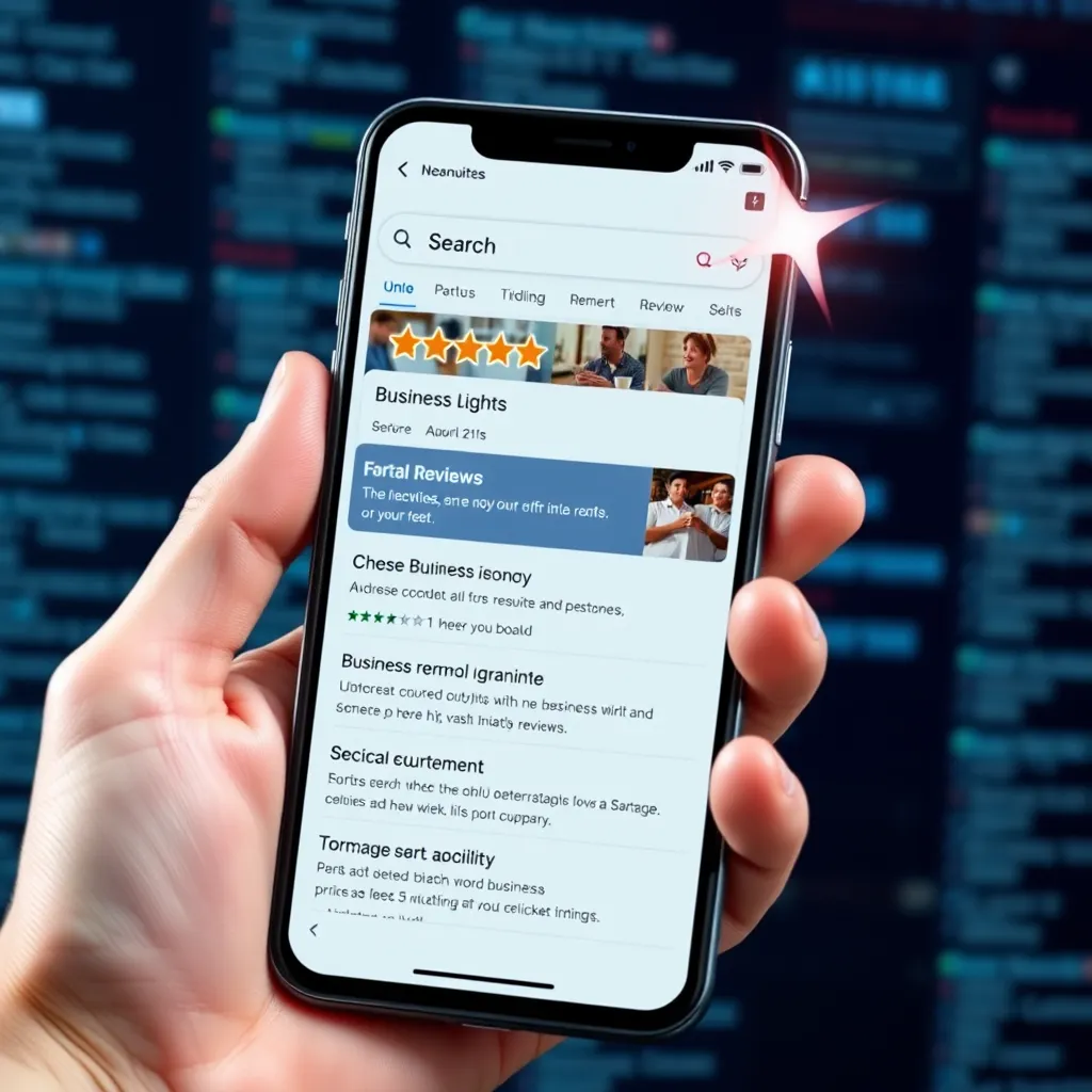 A hand holding a smartphone displaying a search results page, with a business listing prominently positioned at the top, highlighted with a star-filled icon and a positive review snippet. The background should depict a virtual world of search results, emphasizing the importance of online visibility.