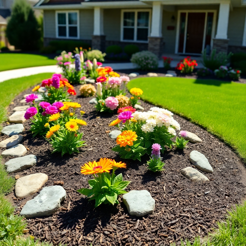 A high-quality image showing a newly landscaped flower bed with colorful flowers, fresh mulch, and decorative stones. The lighting should be bright and sunny, highlighting the vibrant colors. The camera angle should be from slightly above, showcasing the layout and design of the landscaping. In the background, a well-maintained lawn and a section of the house should be visible, tying the landscaping to the overall property. The style should be clean and professional, emphasizing the quality of the work.