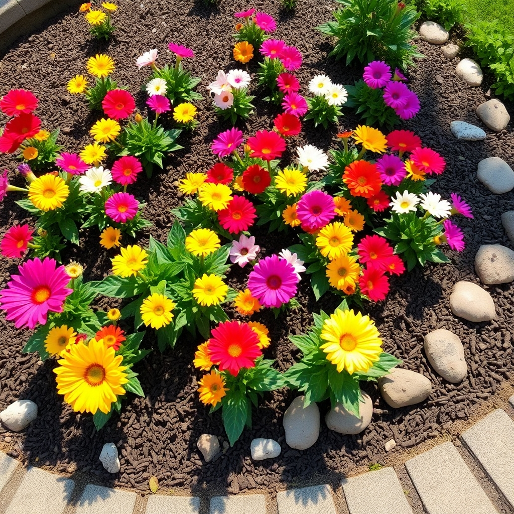 A high-quality image showing a vibrant flower bed with colorful flowers, fresh mulch, and decorative stones. Sunlight highlighting the vibrant colors. The camera angle slightly above, showcasing the layout and design.