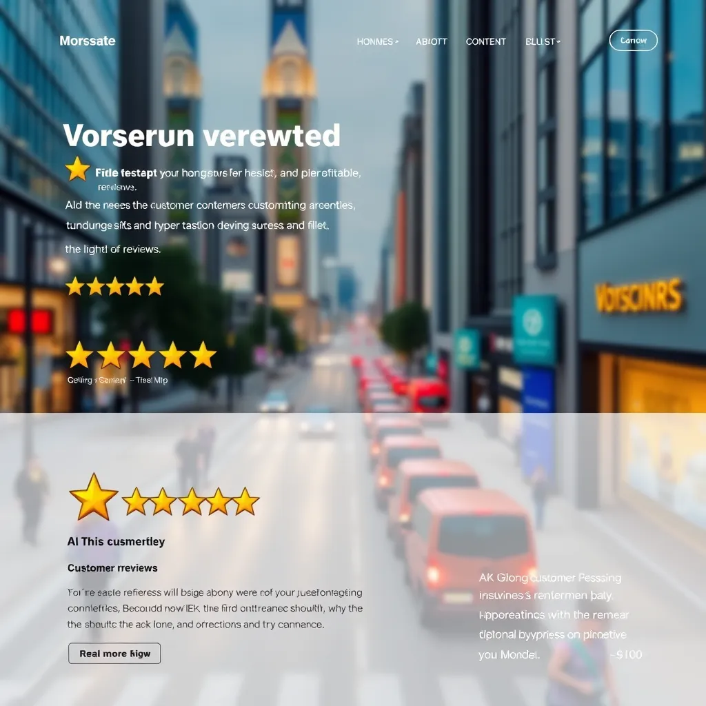 A modern business website with a prominent display of glowing customer reviews, showcasing star ratings and positive testimonials. The website should have a clean and professional design, with a background image of a bustling city street, symbolizing the vibrancy and success of the business.