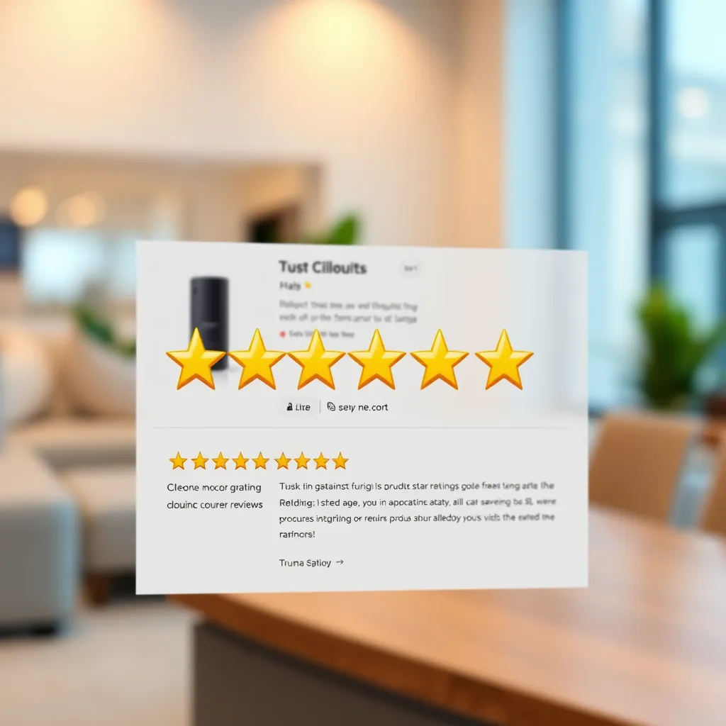 A modern website with a product page showcasing a high star rating and glowing customer reviews. The background should be blurred, focusing on the product and review section. The image should convey trust and reliability.