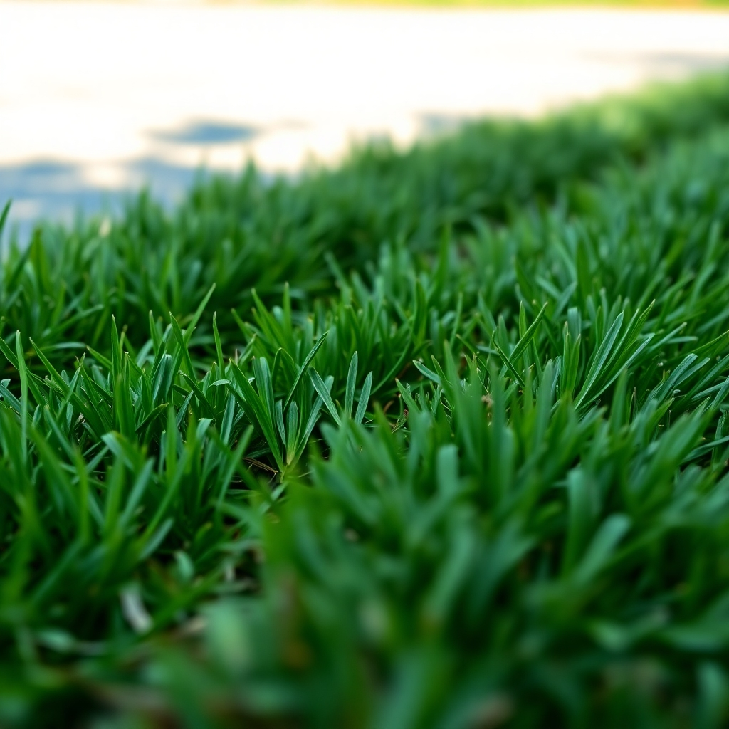 A photorealistic, close-up image of freshly edged lawn along a sidewalk or driveway. Focus on the clean, crisp line between the grass and the hard surface. The lighting should be bright and sunny, highlighting the texture of the grass and the straightness of the edge. The camera angle should be very low, emphasizing the precision of the edging work.