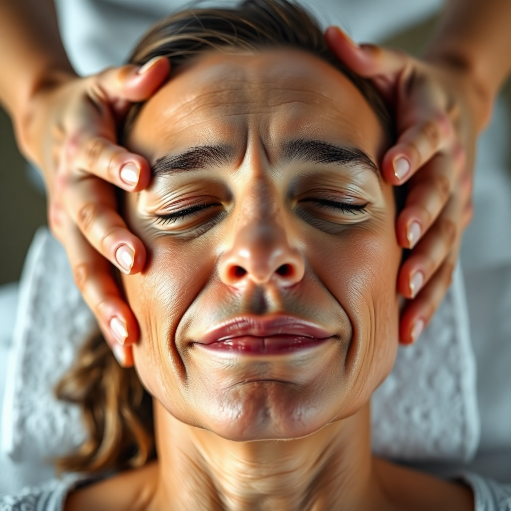 A photorealistic close-up image showing a person's relaxed face, showing relief from pain. The background should subtly show the hands of two therapists working on them, one massaging and another performing gentle osteopathic adjustments. High detail, soft lighting, shallow depth of field