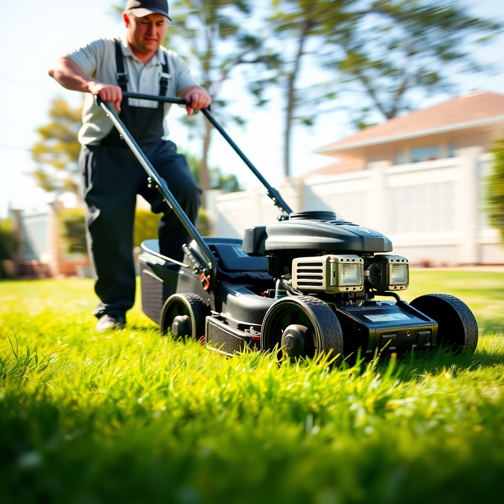 A photorealistic image depicting a lawn care professional efficiently mowing a lawn. The focus should be on the speed and precision of the work. Include a sense of motion blur to convey quickness. The lighting should be bright and sunny. The camera angle should be slightly from the side, capturing the action and the professional's focused expression. The style should be dynamic and energetic.