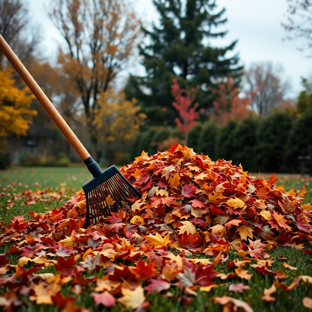 A photorealistic image depicting a yard being cleaned up in the fall. Show a pile of colorful leaves being raked into a pile, with a backdrop of trees with autumn foliage. The lighting should be warm and slightly overcast, typical of fall. The camera angle should be slightly elevated, capturing the scope of the yard and the amount of leaves being cleaned. The style should be natural and authentic, showcasing the reality of seasonal yard work.