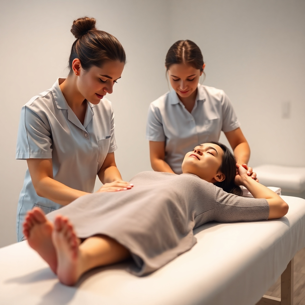 A photorealistic image depicting two therapists, one a Registered Massage Therapist and the other a Manual Osteopathic therapist, working collaboratively on a patient.  The patient is lying on a massage table, showing visible relaxation and relief. The background should be a clean, modern clinic setting. Highlighting the therapists' focused expressions and the patient's calm demeanor. The image should evoke a sense of trust, expertise, and healing.