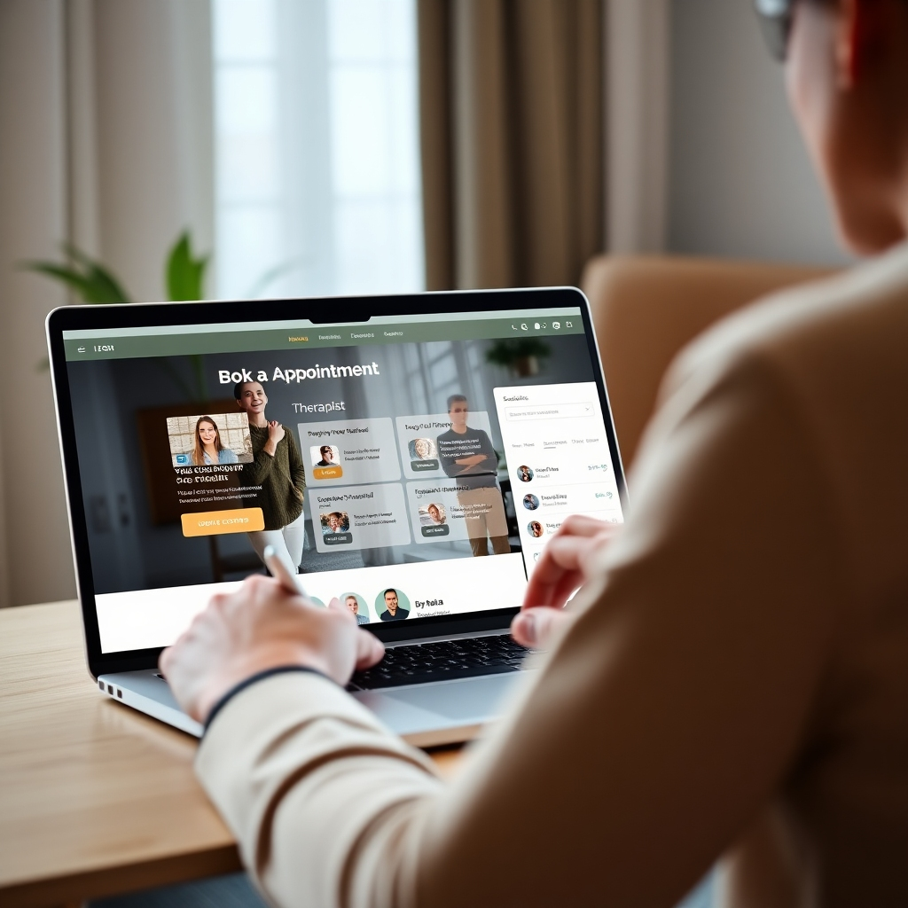 A photorealistic image of a person effortlessly booking an appointment on a sleek, modern website on their laptop.  The website interface is clean and intuitive, showcasing appointment slots and therapist profiles. Clean and modern aesthetic, high-resolution.