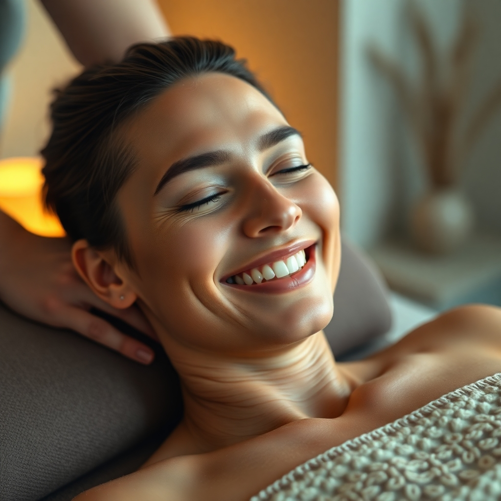 A photorealistic image of a person smiling serenely while receiving a massage, soft lighting, comfortable setting, focus on relaxation and relief of tension. High-resolution, detailed image with warm color tones.