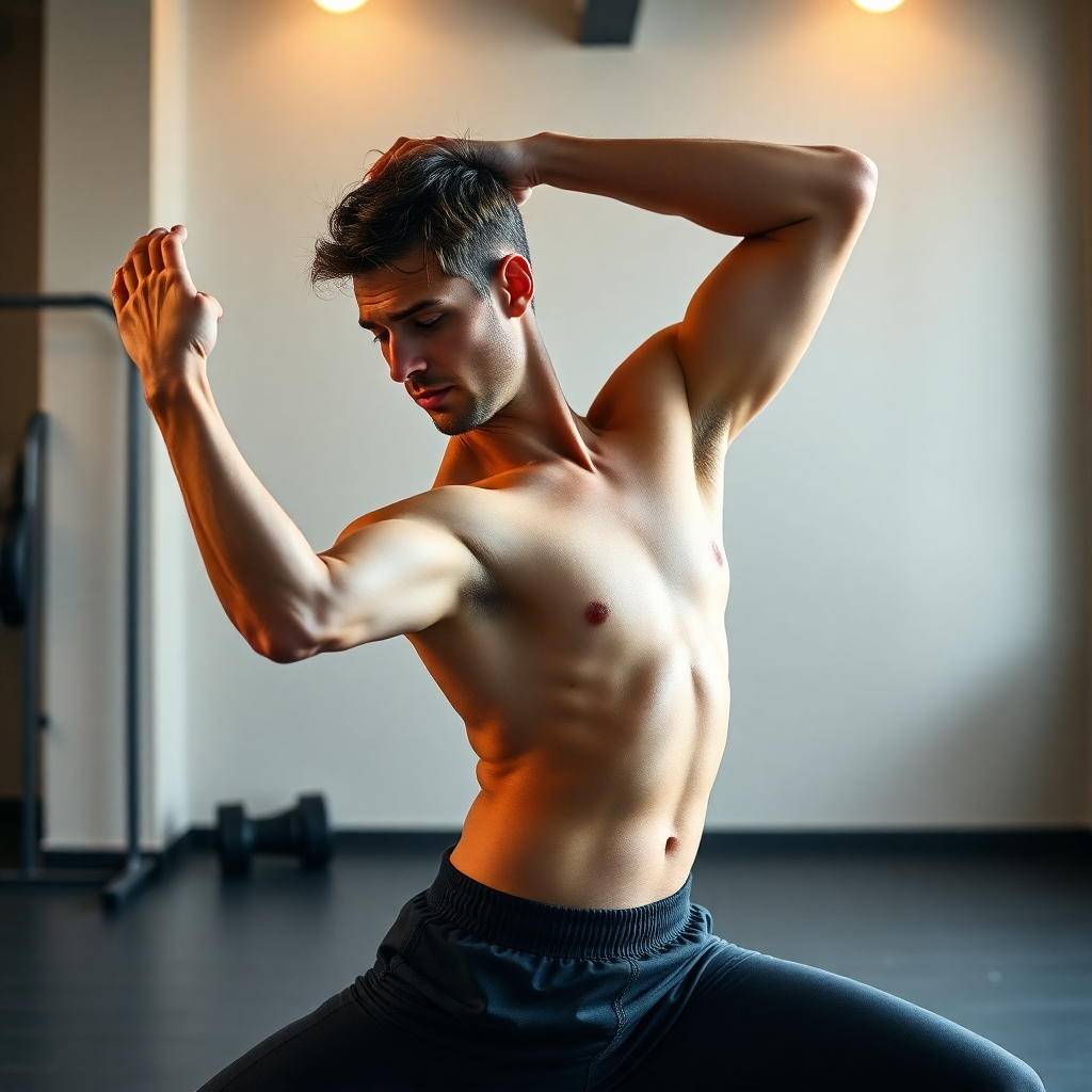 A photorealistic image of a person with improved posture and significantly increased range of motion, actively stretching or performing yoga poses with ease. Soft lighting, a modern gym or studio setting. High detail, showing the full body