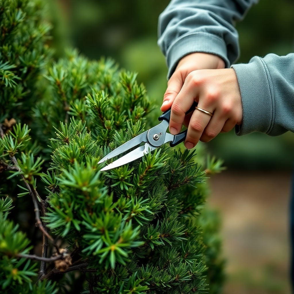 A photorealistic image of a professional carefully trimming a shrub with pruning shears. The focus should be on the precision and artistry of the trimming. The lighting should be soft and diffused, highlighting the natural shape of the shrub. The camera angle should be close-up, capturing the details of the pruning process.
