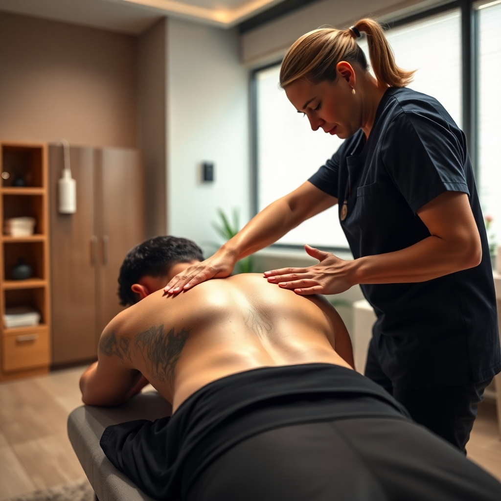 A photorealistic image of a therapist's hands performing a massage on a person's back, while another therapist subtly adjusts the person's posture.  The setting should be a clean, modern clinic. High detail, sharp focus, warm lighting