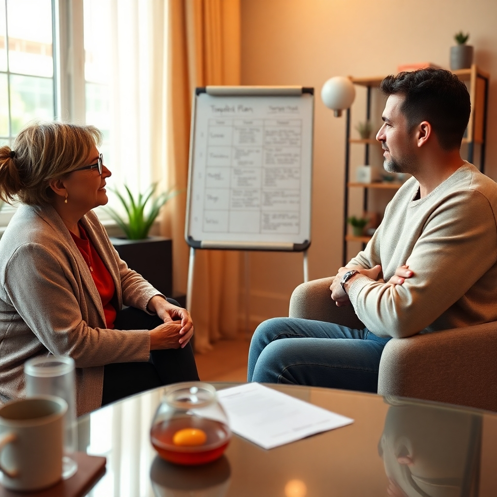 A photorealistic image of a therapist and patient in consultation, discussing a treatment plan.  A whiteboard with a detailed plan visible.  A warm, inviting office setting, conveying professionalism and trust. High-resolution, detailed image.