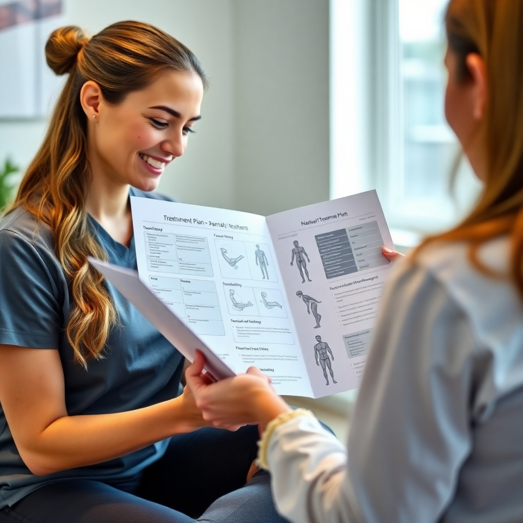 A photorealistic image of a therapist (either Registered Massage Therapist or Manual Osteopathic therapist) consulting with a patient, reviewing a detailed treatment plan. The plan is visibly displayed, highlighting personalized exercises and treatment strategies.  The image should depict a friendly and professional atmosphere, with a focus on the personalized nature of the treatment. The background could be a consulting room with natural light.