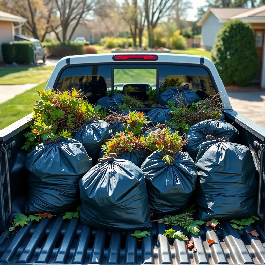 A photorealistic image of a truck bed filled with neatly bagged yard waste (leaves, branches, grass clippings). The scene should be clean and organized, conveying efficiency. The lighting should be bright and sunny. The camera angle should be slightly elevated, showcasing the filled truck bed and the surrounding yard. The style should be straightforward and practical.