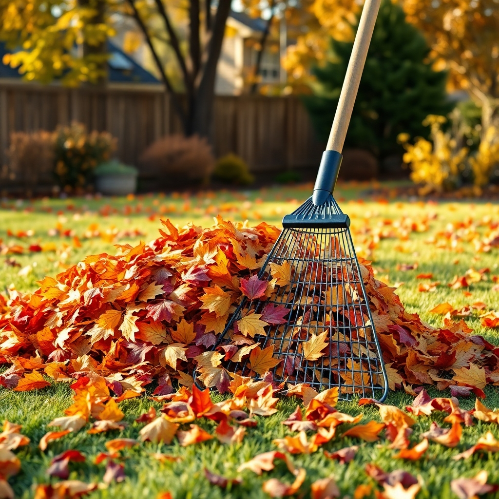 A photorealistic image of a yard being cleaned up in the fall. Show a pile of colorful leaves being raked. The lighting warm, typical of fall. Camera angle slightly elevated, capturing the scope of the yard and the leaves being cleaned.