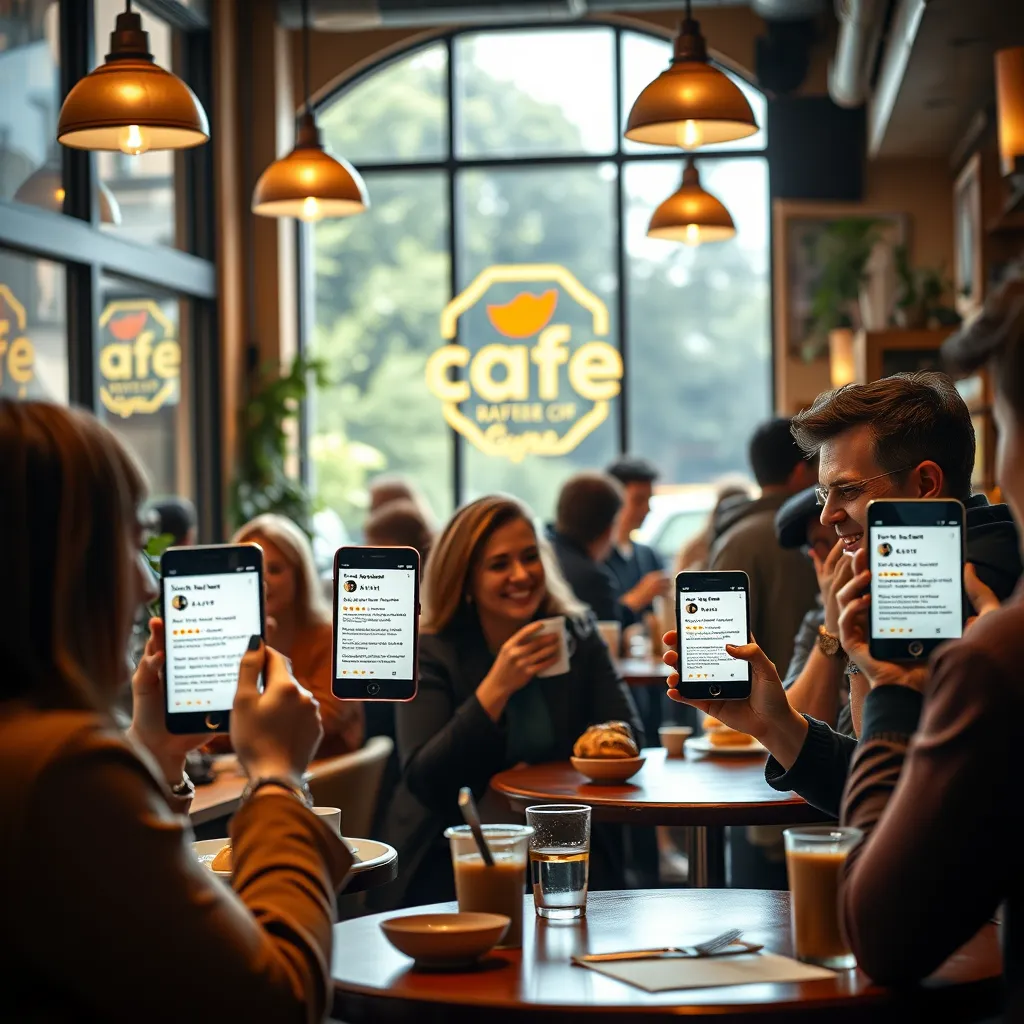 A photorealistic image showcasing the power of positive reviews for a business. Imagine a bustling cafe scene, filled with happy customers enjoying coffee and pastries. The background should be warm and inviting, with natural light streaming through large windows.  The cafe's logo should be prominently displayed, and a few customers are holding their phones, displaying glowing online reviews of the cafe. The mood should be vibrant and energetic, reflecting the positive impact of excellent online reviews. Use a wide-angle lens to capture the scene from a slightly elevated perspective, adding a sense of depth and immersion. The image should be 8K resolution and rendered in a hyperrealistic style, emphasizing detail and texture., ultra high resolution, photorealistic, 8K, hyperdetailed, cinematic lighting