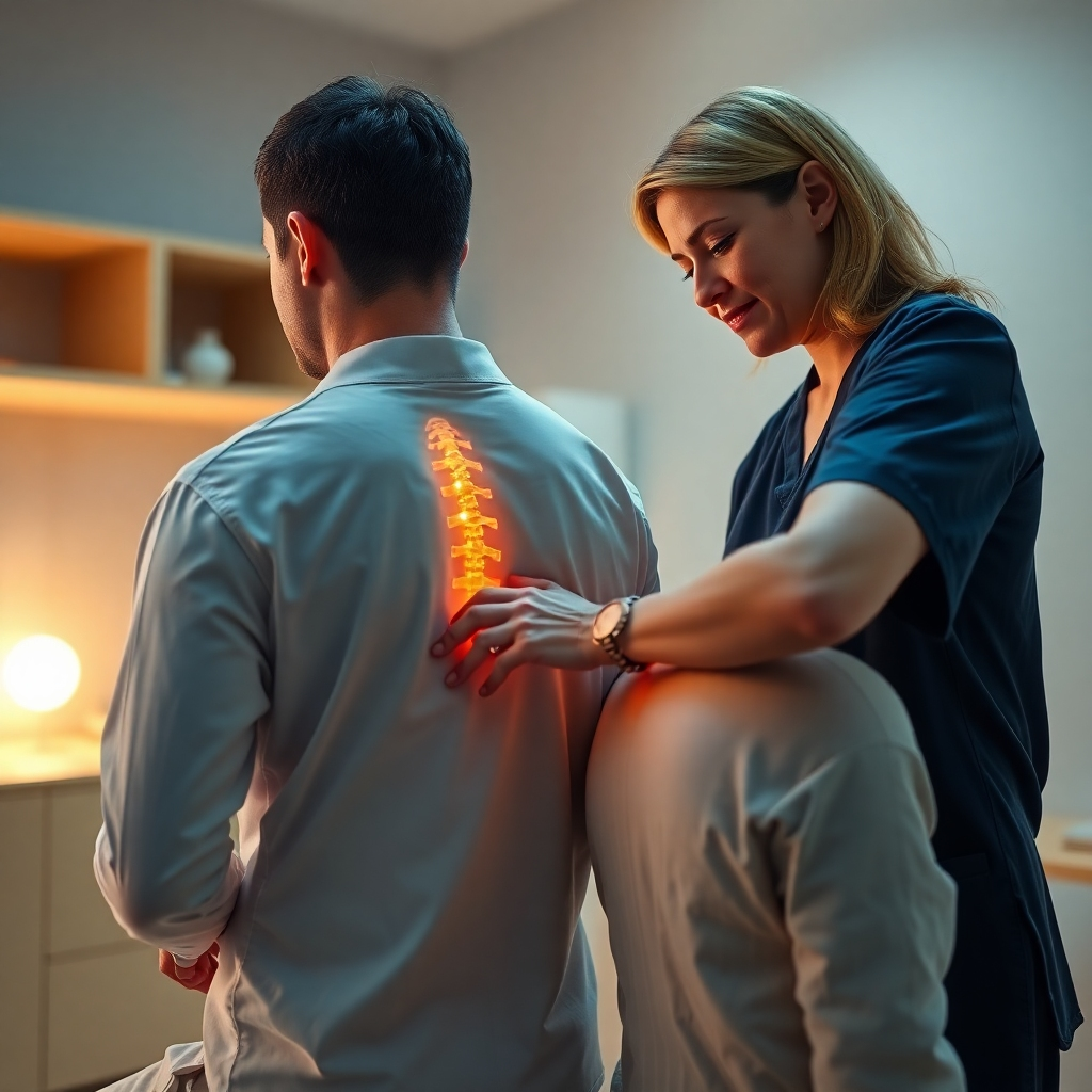 A photorealistic image showcasing a Manual Osteopathic therapist gently adjusting a patient's spine.  The image should emphasize proper posture and body alignment. The setting should be a clean and professional clinic. The patient should appear relaxed and comfortable.  High-quality lighting and detail are needed to show the precision of the therapist's touch.