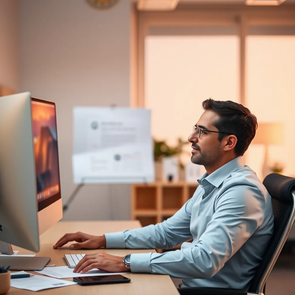 A professional business consultant sits at a desk in a well-lit office, calmly reviewing a negative customer review on their computer screen. The image captures the consultant's calm demeanor and reassuring presence. The lighting is soft and diffused, creating a warm and inviting atmosphere. The background features a modern office setting with neutral colors and organized paperwork, symbolizing a structured approach to problem-solving. The computer screen displays the negative review in a neutral tone, showcasing the consultant's ability to analyze and address negative feedback constructively. The consultant's expression conveys empathy and understanding, emphasizing the importance of  a professional and proactive approach to handling negative reviews. The image should have a high-resolution and realistic details, capturing the essence of expert guidance and support.