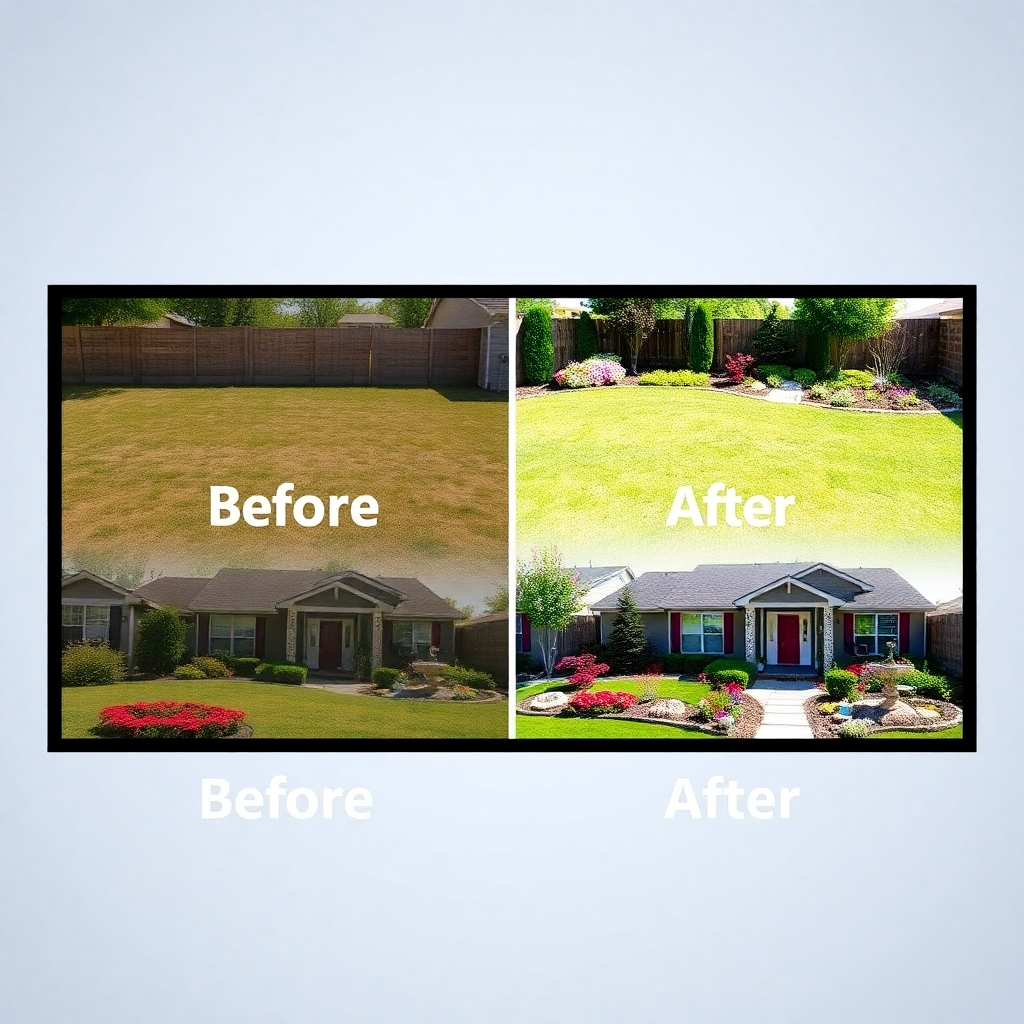 A stylized image showing a split-screen. One side displays a 'before' picture of a plain, unlandscaped yard. The other side shows an 'after' picture of the same yard, now beautifully landscaped with flowers, shrubs, and decorative elements. The lighting should be contrasting, with the 'before' side appearing dull and the 'after' side bright and inviting. The camera angle should be consistent on both sides, allowing for a clear comparison. The style should be visually appealing and persuasive.