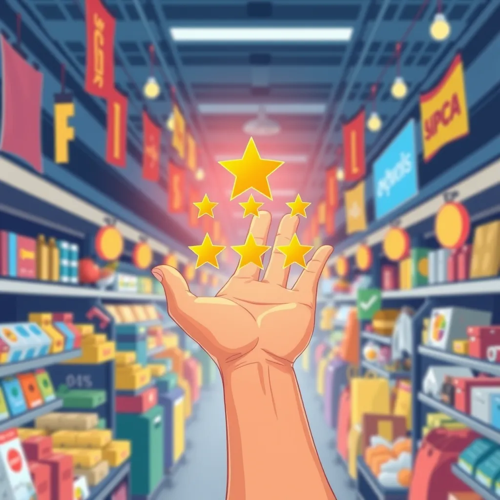A vibrant illustration of a hand reaching towards a glowing '5 stars' review icon, symbolizing the trust and positive feedback a business receives. The background should be a stylized representation of a bustling online marketplace, showcasing a diverse range of products and services.
