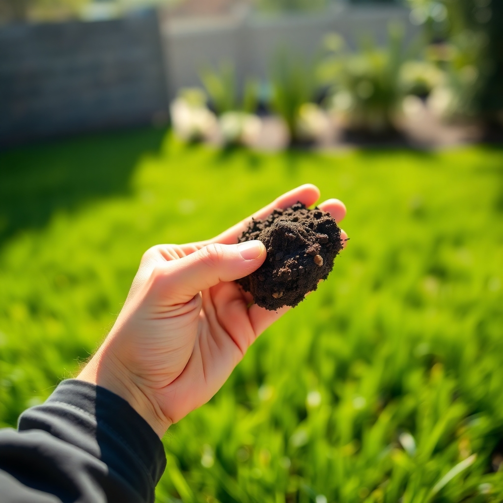 Create a photorealistic close-up of a hand holding a soil sample, analyzing its composition. In the background, a healthy green lawn is subtly blurred. The lighting should be bright and natural, emphasizing the detail of the soil and the vibrancy of the grass. The camera angle should be tight on the soil sample, conveying the idea of careful analysis and personalized care.