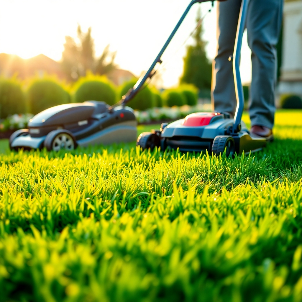 Create a photorealistic image of a lush, green lawn being expertly mowed by a professional. The focus should be on the precision and neatness of the cut, with visible stripes on the lawn. Golden hour lighting to emphasize the vibrancy of the green. The mower should be modern and well-maintained, and a neatly trimmed border of flowers or shrubs should be visible in the background. The camera angle should be low and slightly to the side, capturing the action and the texture of the grass.