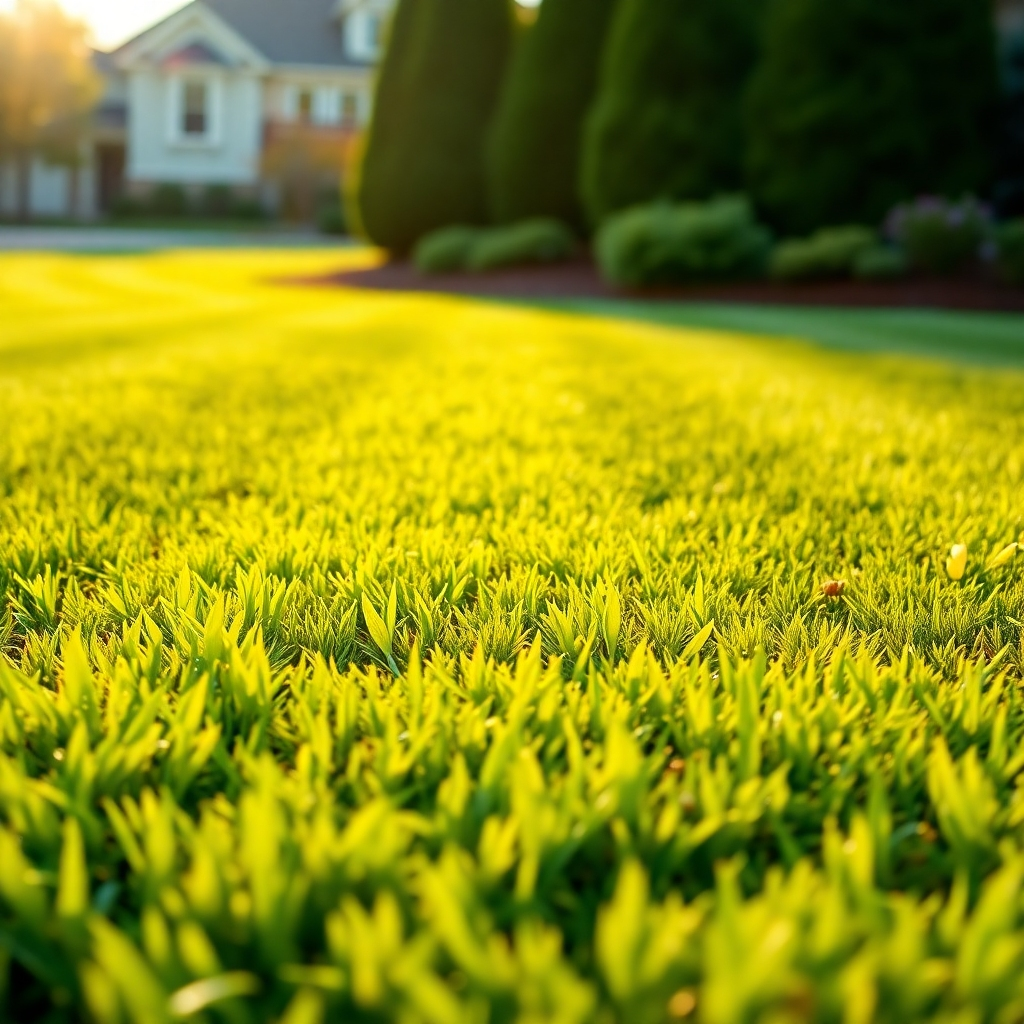Create a photorealistic image of a perfectly striped lawn, freshly mowed. Focus on the details of the grass blades and the precision of the mowing pattern. Golden hour lighting to enhance the green color. The camera angle should be low to the ground, emphasizing the texture of the lawn.
